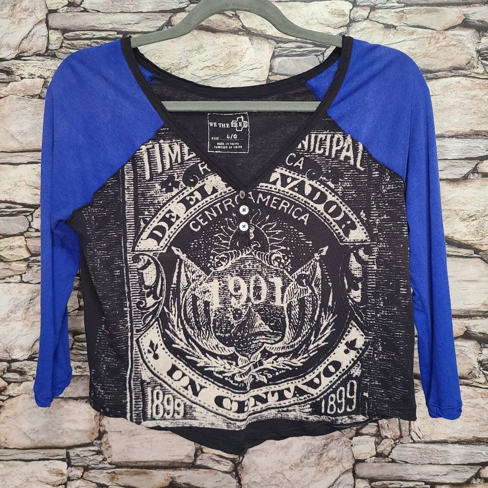 We The Free Womens Henley Top Size L Blue Black Raglan Sleeves Central America